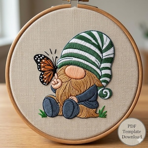 Gnome with Monarch Butterfly Hand Embroidery Pattern, Cute Striped Hat Elf Holiday Embroidery PDF Download