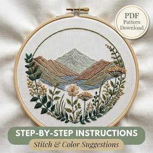 May include: An embroidery hoop containing a fabric panel with a stitched mountain landscape, a blue lake, and surrounding wildflowers in shades of green, yellow, and white. The text PDF Pattern Download and Step-by-Step Instructions are visible.