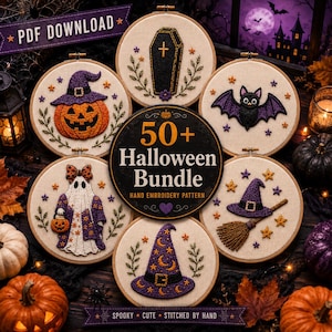 May include: A collection of six circular embroidery hoops featuring Halloween designs including a jack-o'-lantern, a coffin, a bat, a ghost, a witch's hat, and a broomstick, with a central sign reading 50+ Halloween Bundle Hand Embroidery Pattern.