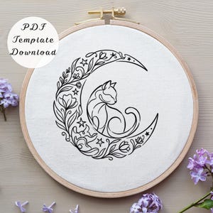 Katt på månen broderimönster, handbroderi i PDF-format, gör-det-själv kattungelinjekonst, himmelsk blommig ringkonst