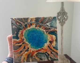 Yellowstone Grand Prismatic Spring Oil Painting, 6x6 Impasto Art, Gallery Wrapped Canvas