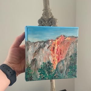 Yosemite Firefall Oil Painting, 6x6 Impasto Horsetail Fall Art, National Park Series, Gallery Wrapped