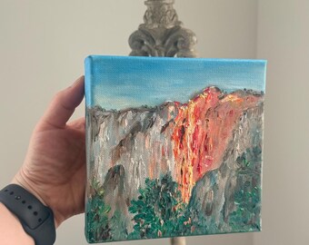 Pintura al óleo de la cascada de fuego de Yosemite, 6x6 pulgadas, técnica impasto, arte otoñal de cola de caballo, serie de parques nacionales, lienzo montado sobre bastidor.