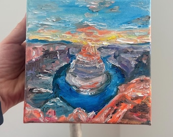 Dipinto ad olio raffigurante il tramonto a Horseshoe Bend, tecnica impasto, opera d'arte del Grand Canyon, tela montata su telaio.