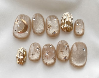 Uñas postizas de lujo color oro champán celestial, manicura cuadrada con cristales de luna y estrella en 3D