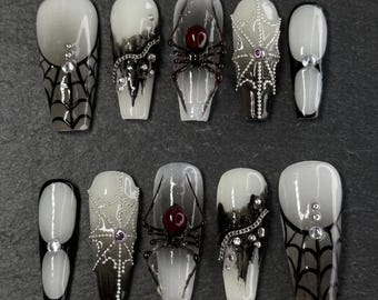 Gothic Black Spider Web 3D Halloween Press On Nails, Dark Coffin Seasonal Fake Nails