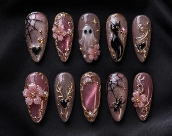 Pinkfarbene, gotische Halloween-Katzen-Geist-Press-On-Nägel, kurzes mandelförmiges gruseliges Nagelset