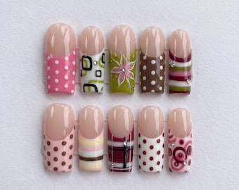Plaid Pattern Press On Nails, Colorful Striped Flower French Tip Decor, Unique Indie Aesthetic Birthday Party Set, Long Square Glue Ons