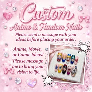 May include: Custom press-on nails featuring detailed anime character illustrations and symbols. The set includes ten individual nail tips with varied designs, including portraits and icons, displayed on a white velvet-textured tray.
