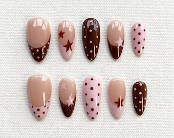 Brown Star French Tip Press On Nails, Pink Polka Dot Short Almond Manicures