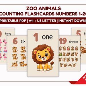 Zoo Animals Counting Flashcards 1-20, Preschool Number Cards, Toddler Math Printable, Homeschool Learning PDF