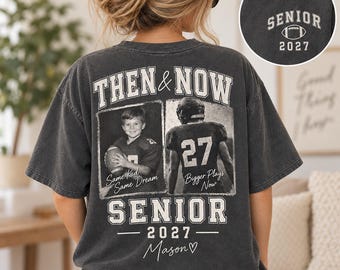 T-shirt de football américain personnalisé pour les seniors, T-shirt photo personnalisé « Avant/Après », Cadeau pour la soirée des seniors, T-shirt de joueur de football américain promotion 2027, Cadeau pour maman de joueur de football américain