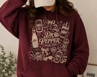 Sweat à capuche vintage Dr Pepper, Sweat-shirt Dr Pepper Social Club, Sweat à capuche vintage à motif soda, Pull rétro à nœud cerise, Cadeau pour les fans de Dr Pepper