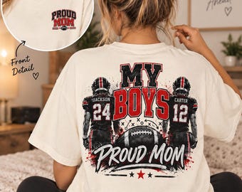 T-shirt personnalisé pour maman de joueur de football américain (2 joueurs), imprimé recto verso, cadeau idéal pour les jours de match.