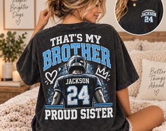 T-shirt personnalisé pour sœur de joueur de football, T-shirt personnalisé pour frère de joueur, T-shirt recto-verso avec nom et numéro du joueur, Cadeau pour sœur le jour du match