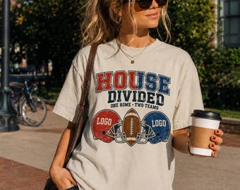 Sudadera personalizada "Casa dividida entre dos equipos", camiseta personalizada de rivalidad futbolística, regalo familiar para dos equipos, sudadera personalizada de fútbol universitario.