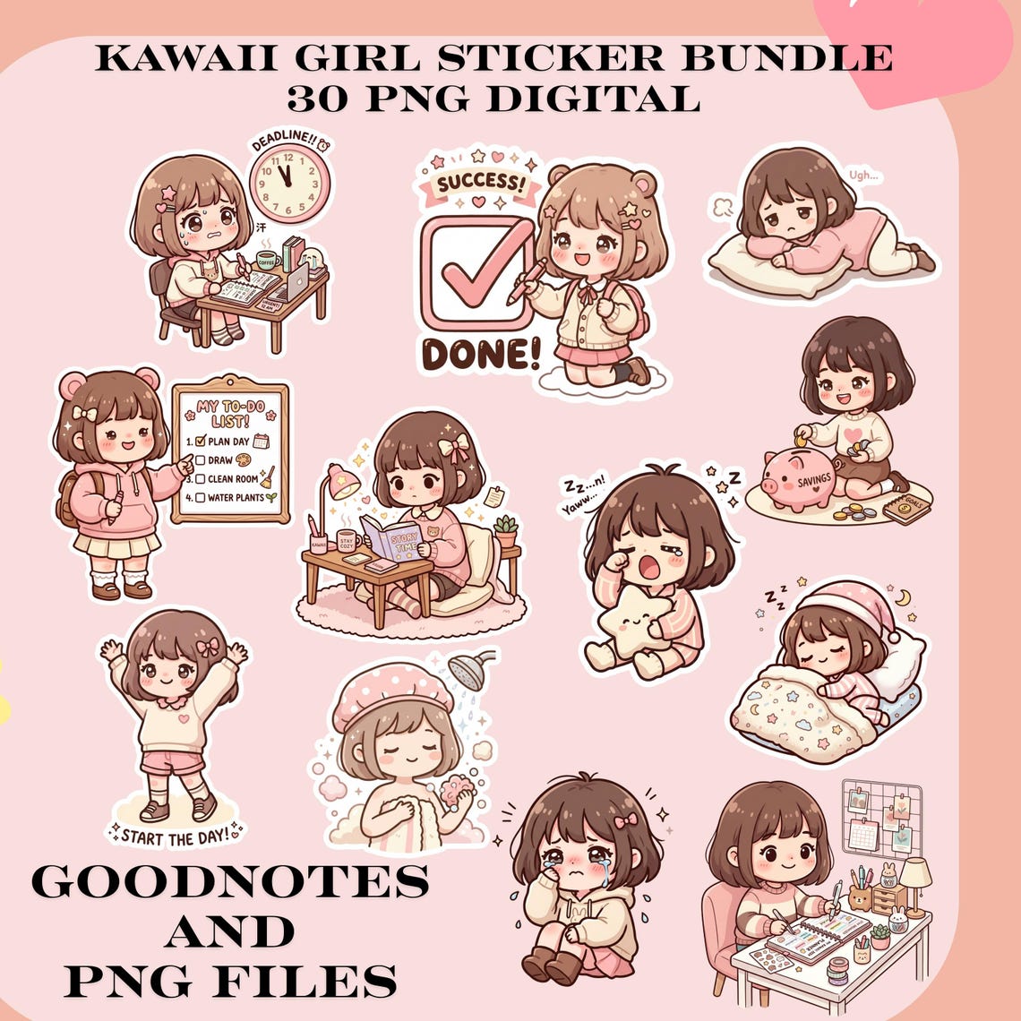 Kawaii Girl Sticker Bundle | 30 PNG Digital Stickers | Cute Chibi Girl ...