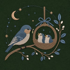 Può includere: Un ricamo su tessuto verde scuro raffigurante un uccellino blu appollaiato su un ramo accanto a un nido sospeso con due pulcini. La scena include una luna crescente, piccole stelle e un ramo con foglie blu e boccioli bianchi, realizzati con filo.
