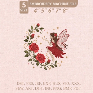 Könnte beinhalten: Stickmaschinen-Datei mit einem Feen-Design. Die Fee trägt ein rotes Kleid mit passenden Flügeln, umgeben von einem Kranz aus roten Rosen und grünen Blättern. Die Dateigrößen sind 10.16 cm, 12.7 cm, 15.24 cm, 17.78 cm und 20.32 cm.
