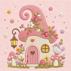 Puede incluir: Un diseño de bordado sobre fondo rosa claro que muestra una casa con forma de seta con sombrero rosa, base color crema, puerta en forma de corazón, farol, dos setas más pequeñas, un pájaro pequeño y varios detalles florales coloridos.