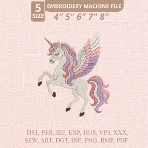 Può includere: File per macchina da ricamo raffigurante un unicorno bianco con criniera e coda rosa e viola, e ali. Il design è disponibile in 5 misure, da 10,16 cm a 20,32 cm. Include vari formati di file.