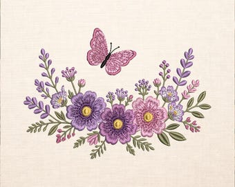 Diseño de bordado de mariposa floral morada Jardín botánico lavanda Puntada a máquina descargable