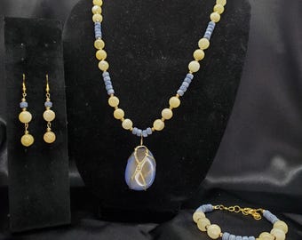 Coral and Calcite Necklace Set with Wire Wrapped Agate Pendant