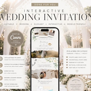 Op de afbeelding: Een digitale interactieve trouwuitnodigingssjabloon op een smartphonescherm, met aanpasbare tekst, fotoplaatsaanduidingen en evenementdetails. Het ontwerp bevat florale accenten, een kaart en tekstoverlays die de bewerkbaarheid in Canva en de PLR- en MRR-licentieopties voor doorverkoop benadrukken.