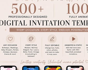 500+ Digitale Einladungsvorlagen Bündel | 100+ animierte Einladungen | PLR MRR Canva Vorlagen für passives Einkommen | Digital Income Starter Paket