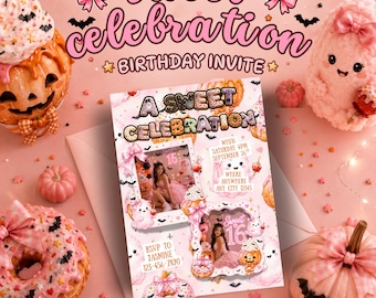 Süße Geburtstagseinladung | Bearbeitbare Canva-Vorlage | Niedliche rosa Halloween-Geburtstagseinladung | Druckbarer 5x7-Digitaldownload