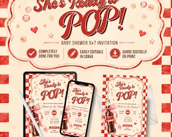 Einladung zur Babyparty „Ready to Pop“, bearbeitbare Canva-Vorlage, Retro-Einladung zur Babyparty im Limonaden-Stil, 5x7-Druckvorlage, Sofort-Download