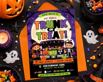 Vorlage für eine Einladung zur Halloween-Party „Trunk or Treat“ (bearbeitbar, Canva), Flyer für Schul-, Eltern- und Kirchenveranstaltungen, 5x7-Zoll-Download