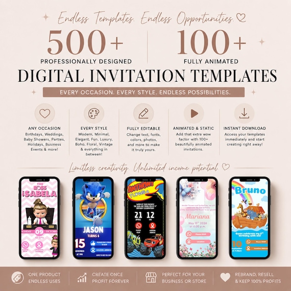 500+ Digital Invitation Templates Bundle | 100+ Animated Invites | PLR MRR Canva Templates for Passive Income | Digital Income Starter Pack