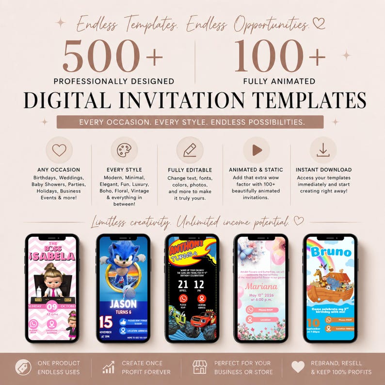 500+ Digital Invitation Templates Bundle | 100+ Animated Invites | PLR MRR Canva Templates for Passive Income | Digital Income Starter Pack