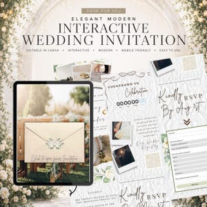 Invitación de boda elegante e interactiva / Plantilla animada y editable de Canva / Sitio web con seguimiento de confirmaciones de asistencia, mapa y cuenta regresiva (descarga digital)