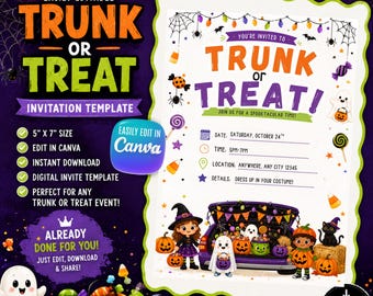Einladung zur „Trunk or Treat“-Veranstaltung, bearbeitbarer Flyer zur „Trunk or Treat“-Veranstaltung, Canva-Vorlage für eine „Trunk or Treat“-Party in Schule, Nachbarschaft oder Kirche (Digitaler Download)
