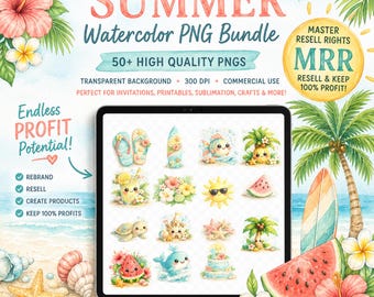 Sommer Aquarell PNG Bündel | 50+ Tropischer Strand Clipart, vorgeschnittene PNGs | Sonnenschein, Ozean, Hibiskus, 1 Geburtstag | Kommerzielle Nutzung