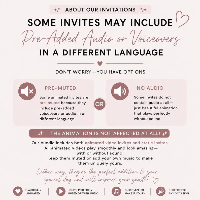 May include: An informational graphic with a light pink background and dark text explaining invitation audio options. It details that some animated invites are pre-muted or have no audio, confirming that the animation remains unaffected and customizable.