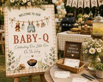 Baby-Q Babyparty-Set, Einladung zur Grillparty, Druckbare Babyparty-Dekoration, Grillparty-Set, Bearbeitbare Canva-Vorlage