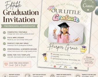 Editable Preschool Graduation Invitation Template | Canva Invite | Kindergarten Graduation Invite | PLR & MRR Digital Product | Done For You
