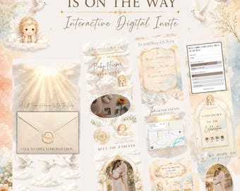 Interaktive Einladung zur Babyparty | „Ein Stück vom Himmel ist unterwegs“ | Bearbeitbare Canva-Vorlage | Animierte Website zur Babyparty