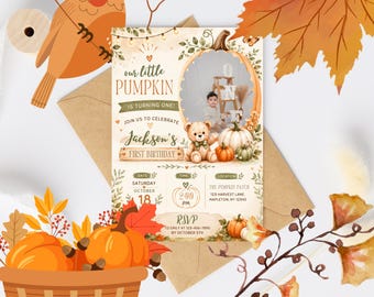 Einladungsvorlage für den ersten Geburtstag mit kleinem Kürbis | Bearbeitbare 5x7 Herbst-Geburtstagseinladung | Canva-Vorlage für eine Kürbis-Geburtstagsparty