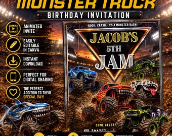 Animierte Monster Truck Geburtstagseinladung, bearbeitbare Canva Vorlage, Monster Truck Party einladen, Digital & Mobile einladen, sofortiger Download