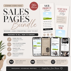 May include: A digital marketing bundle with the text "SALES PAGES Bundle" and "20+ TEMPLATES". The image includes mockups of mobile phones and templates with the phrases "DONE-FOR-YOU" and "EASY TO EDIT IN CANVA".