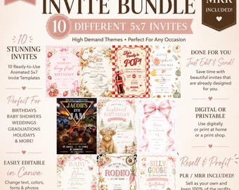10 animierte Einladungsvorlagen im Paket | Bearbeitbare Canva-Partyeinladungen (5x7 Zoll) | PLR-MRR-Digitalprodukt | Druckbare Einladungen | Weiterverkaufsrechte