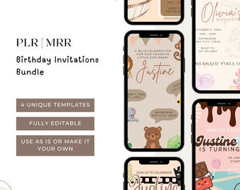 PLR MRR Bundle | Birthday Template Bundle | 4 Fully Editable Done-for-You Invitations | Birthday Invitations | Fully Customizable Digitals