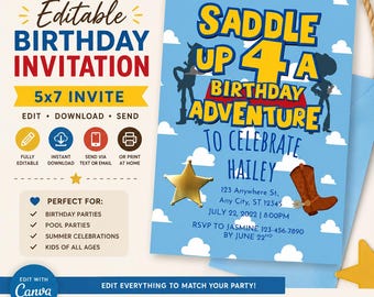 Cowboy Pool Party Geburtstagseinladung Vorlage, bearbeitbar Canva einladen, Western Spielzeug Abenteuer Geburtstag einladen, 5x7 digitaler Download