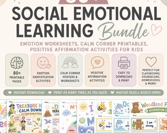 80+ sozial emotionales Lernen Digitales MRR Bundle | Arbeitsblätter für Emotionen, Calm Corner Printables, Aktivitäten für Kinder, die eine positive Affirmation suchen