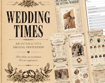 Interaktive Hochzeitseinladung, Hochzeit im Vintage-Zeitungsstil, bearbeitbare Canva-Vorlage, RSVP-Feld, Lageplan, Countdown-Timer (Digitaler Download)