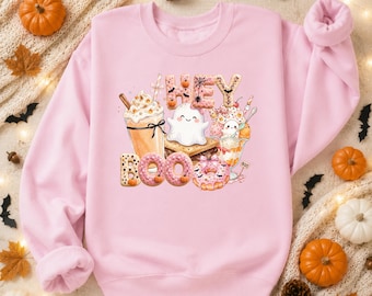 Hey Boo Halloween-Sweatshirt, Geister-Sweatshirt mit Gruselmotiv, Herbstpullover mit Kürbis- und Kaffeemotiv, Retro-Grafik-Top für den Herbst